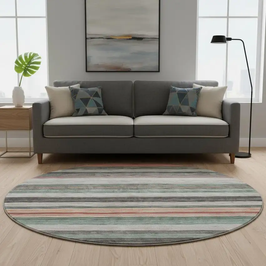 8' Pale Aqua Rust And Ivory Striped Washable Round Rug With UV Protection Photo 2