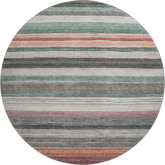 8' Pale Aqua Rust And Ivory Striped Washable Round Rug With UV Protection Photo 1