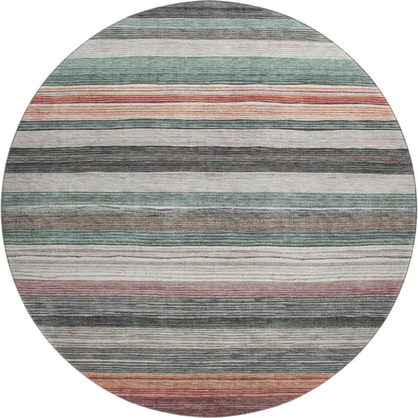 8' Pale Aqua Rust And Ivory Striped Washable Round Rug With UV Protection Photo 1