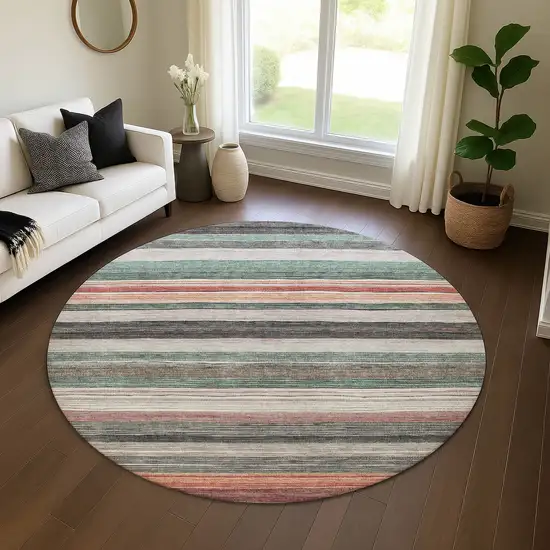 8' Pale Aqua Rust And Ivory Striped Washable Round Rug With UV Protection Photo 4