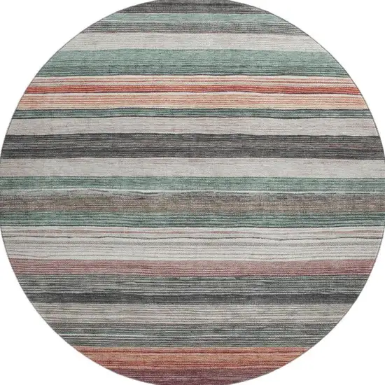 8' Pale Aqua Rust And Ivory Striped Washable Round Rug With UV Protection Photo 3