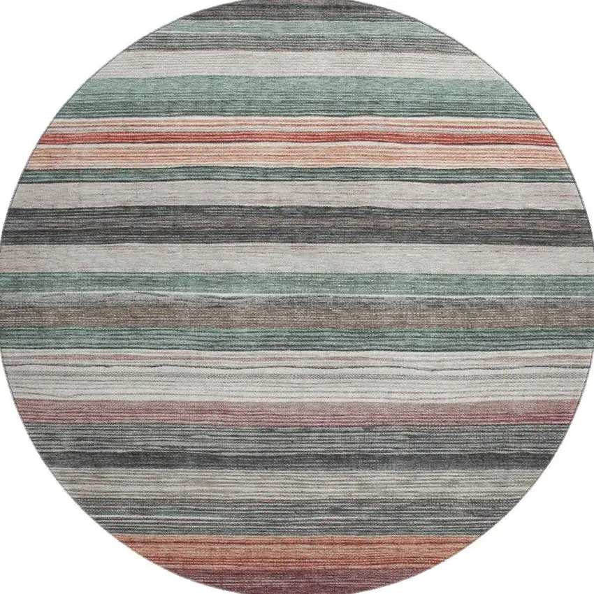 8' Pale Aqua Rust And Ivory Striped Washable Round Rug With UV Protection Photo 3