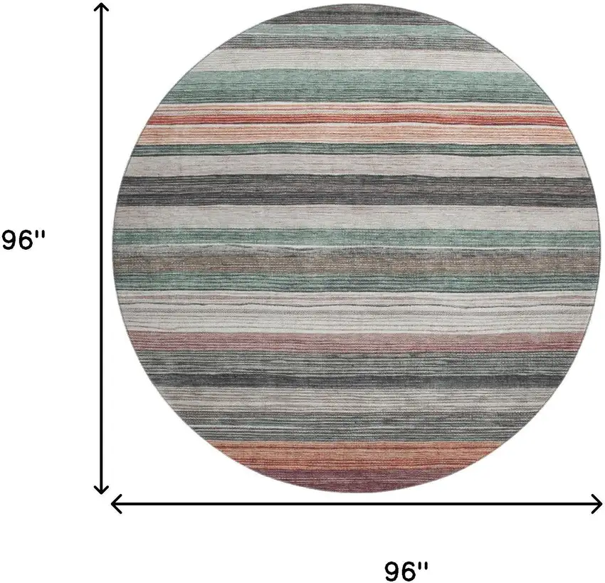 8' Pale Aqua Rust And Ivory Striped Washable Round Rug With UV Protection Photo 9