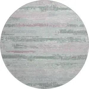 Photo of 8' Pale Aqua Sage And Ivory Striped Washable Round Rug With UV Protection