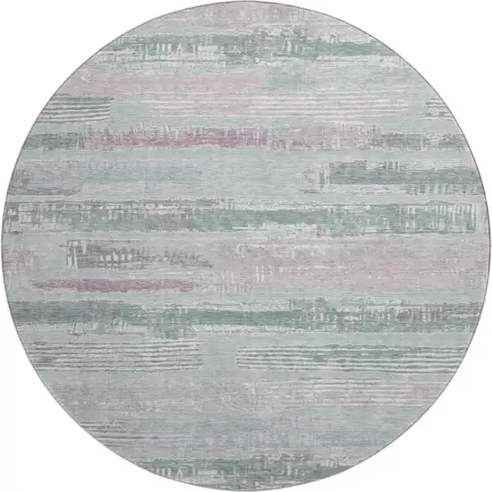 8' Pale Aqua Sage And Ivory Striped Washable Round Rug With UV Protection Photo 1
