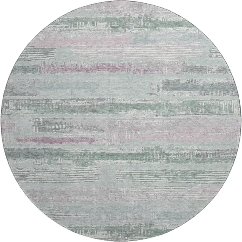 8' Pale Aqua Sage And Ivory Striped Washable Round Rug With UV Protection Photo 1