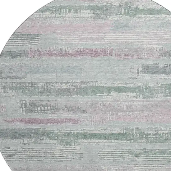 8' Pale Aqua Sage And Ivory Striped Washable Round Rug With UV Protection Photo 2