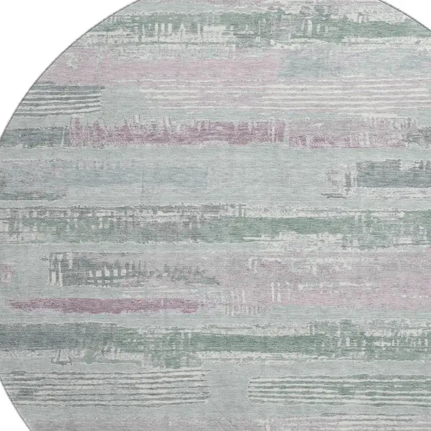 8' Pale Aqua Sage And Ivory Striped Washable Round Rug With UV Protection Photo 2