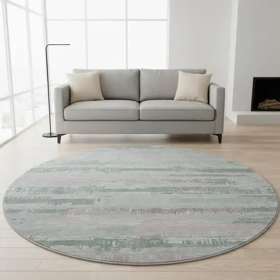 8' Pale Aqua Sage And Ivory Striped Washable Round Rug With UV Protection Photo 2
