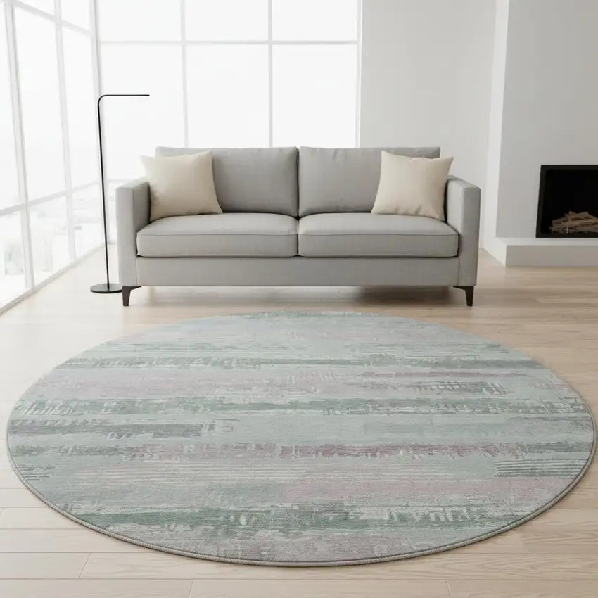 8' Pale Aqua Sage And Ivory Striped Washable Round Rug With UV Protection Photo 2