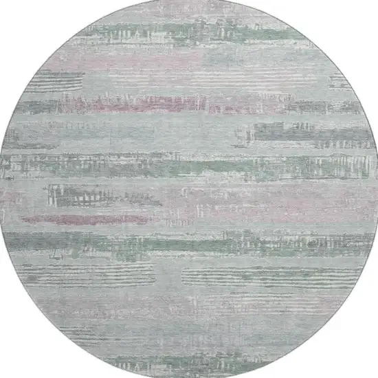 8' Pale Aqua Sage And Ivory Striped Washable Round Rug With UV Protection Photo 3