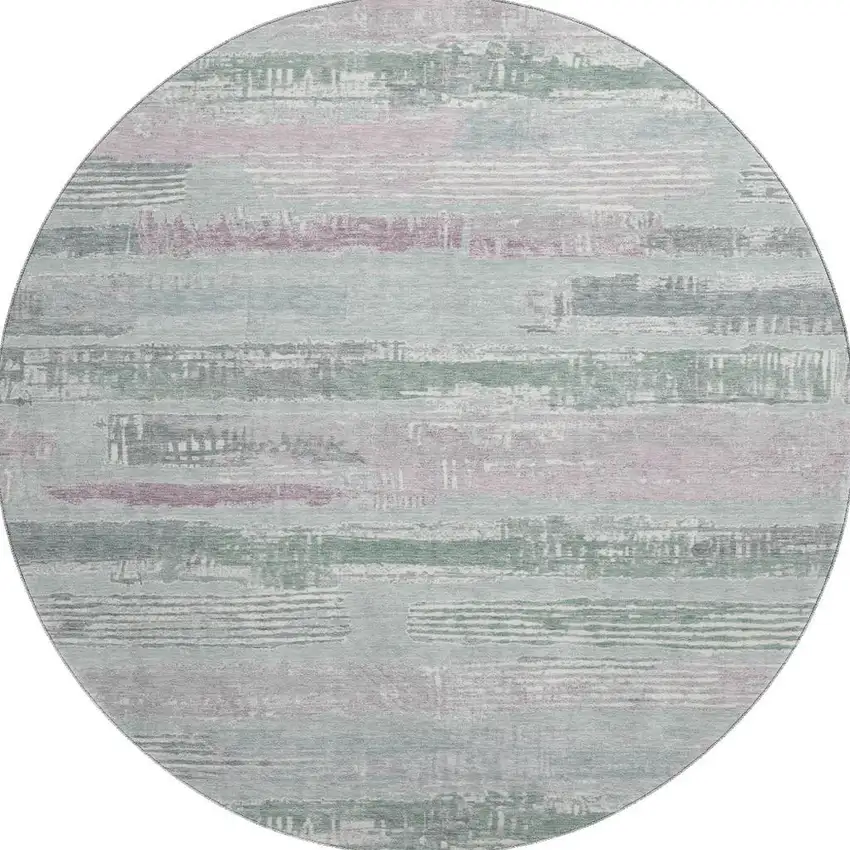 8' Pale Aqua Sage And Ivory Striped Washable Round Rug With UV Protection Photo 3