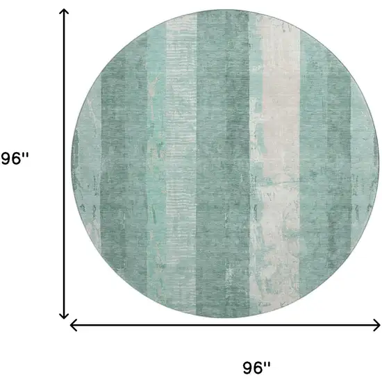 8' Pale Aqua Teal And Beige Striped Washable Round Rug With UV Protection Photo 9