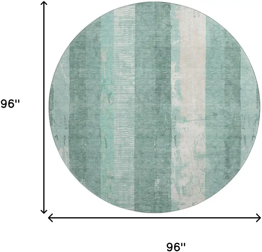 8' Pale Aqua Teal And Beige Striped Washable Round Rug With UV Protection Photo 9