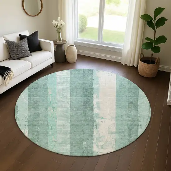 8' Pale Aqua Teal And Beige Striped Washable Round Rug With UV Protection Photo 4