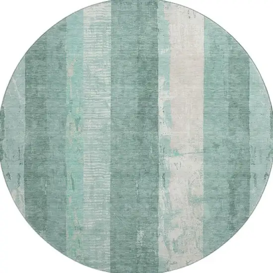 8' Pale Aqua Teal And Beige Striped Washable Round Rug With UV Protection Photo 3