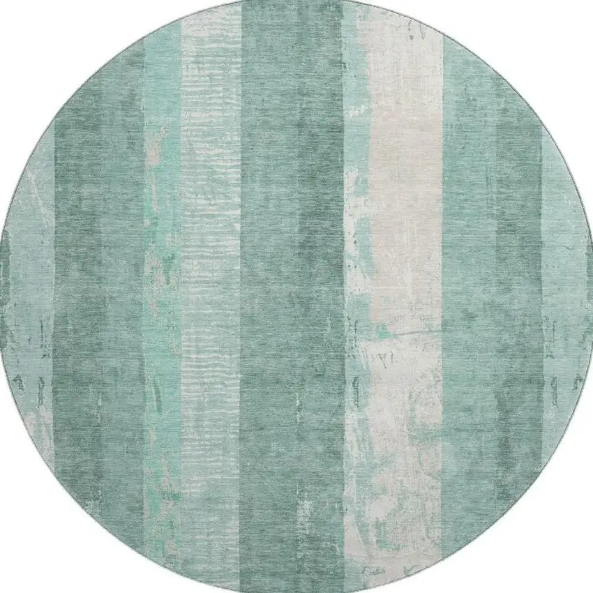 8' Pale Aqua Teal And Beige Striped Washable Round Rug With UV Protection Photo 3