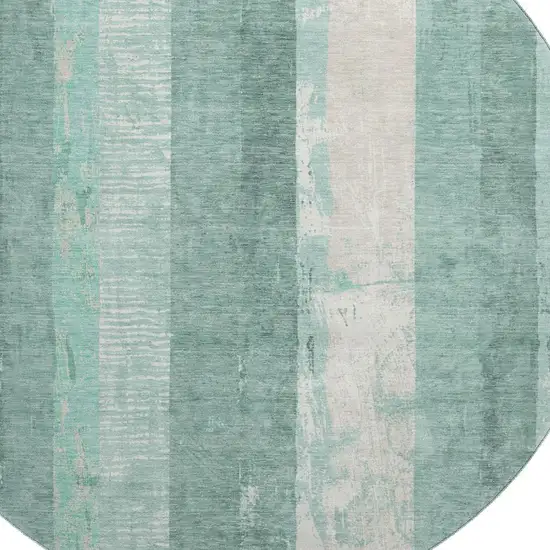 8' Pale Aqua Teal And Beige Striped Washable Round Rug With UV Protection Photo 2