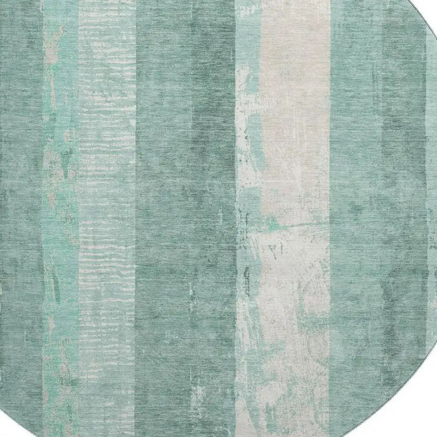8' Pale Aqua Teal And Beige Striped Washable Round Rug With UV Protection Photo 2