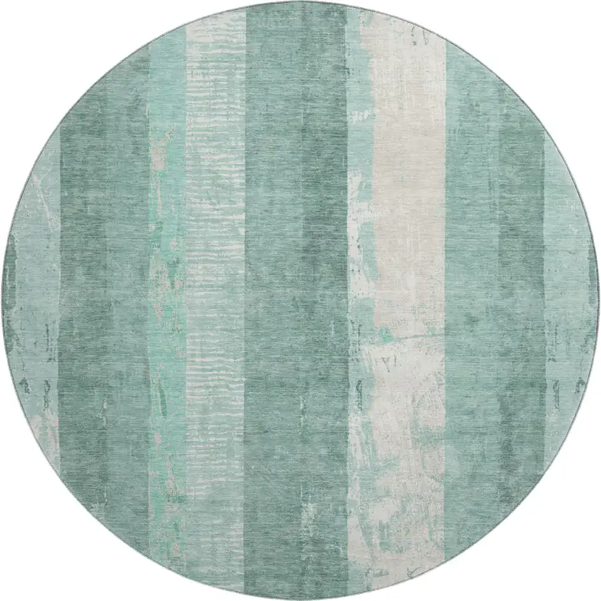 8' Pale Aqua Teal And Beige Striped Washable Round Rug With UV Protection Photo 1
