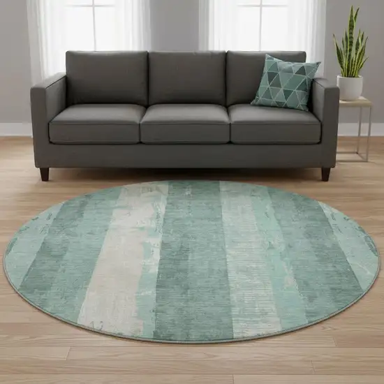 8' Pale Aqua Teal And Beige Striped Washable Round Rug With UV Protection Photo 2