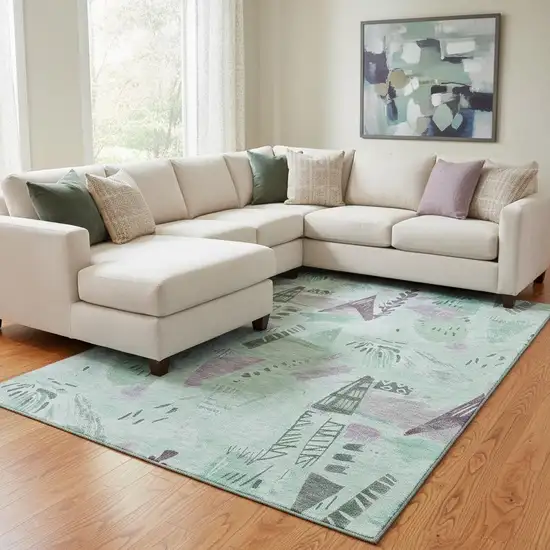 8' Pale Aqua Teal And Green Geometric Washable Area Rug With UV Protection Photo 2