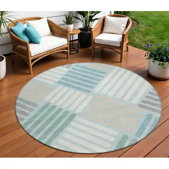 8' Pale Aqua Wheat And Ivory Round Geometric Washable Indoor Outdoor Area Rug Photo 1