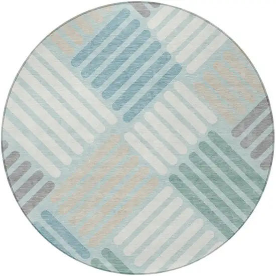 8' Pale Aqua Wheat And Ivory Round Geometric Washable Indoor Outdoor Area Rug Photo 5