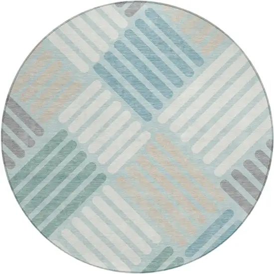 8' Pale Aqua Wheat And Ivory Round Geometric Washable Indoor Outdoor Area Rug Photo 2