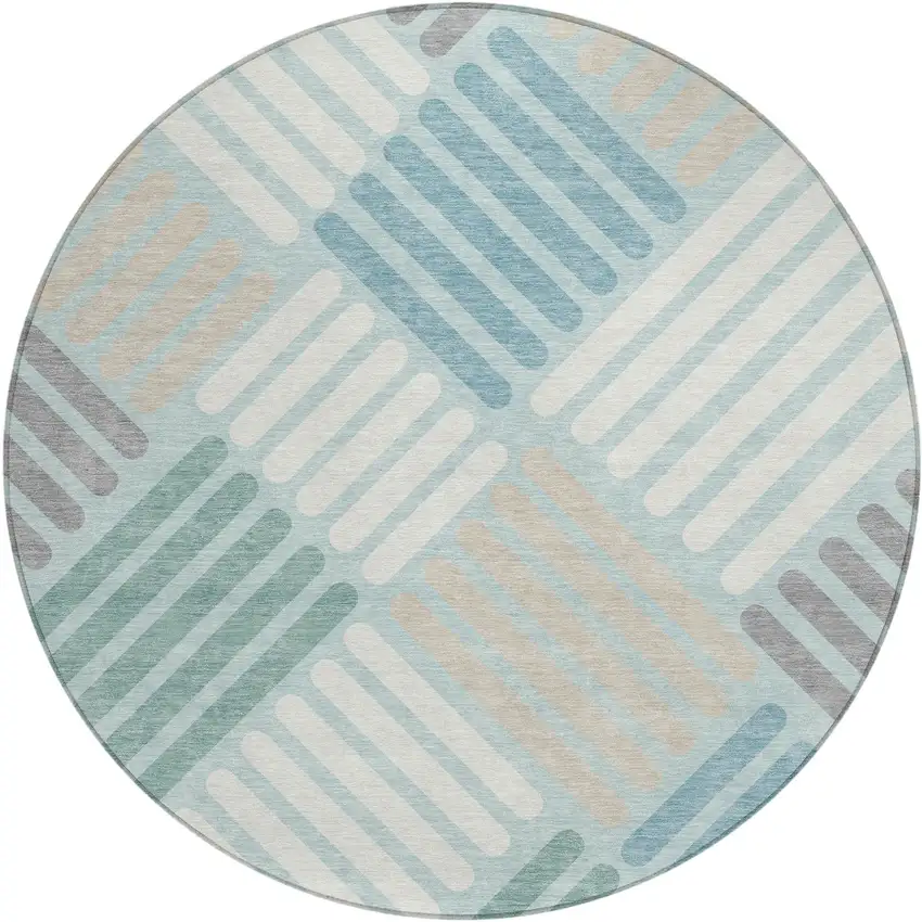 8' Pale Aqua Wheat And Ivory Round Geometric Washable Indoor Outdoor Area Rug Photo 2