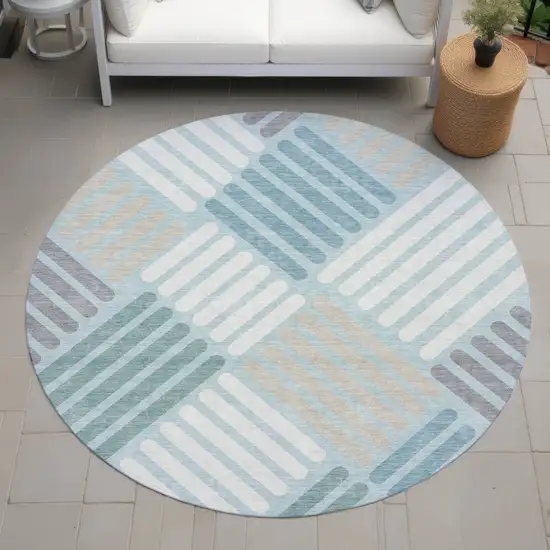 8' Pale Aqua Wheat And Ivory Round Geometric Washable Indoor Outdoor Area Rug Photo 8