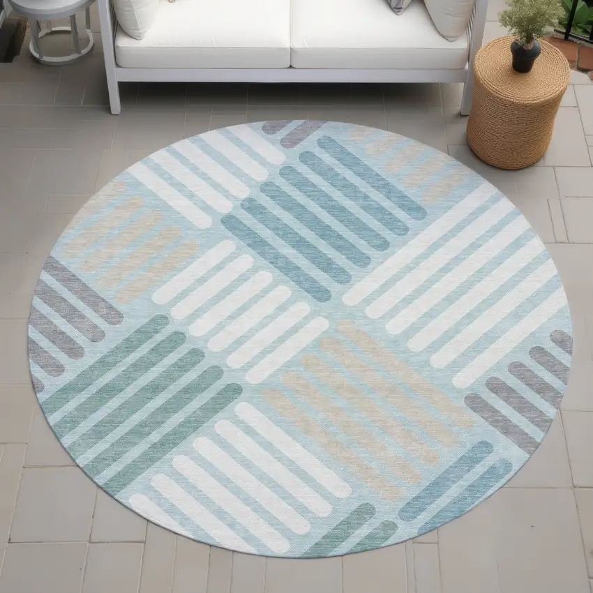 8' Pale Aqua Wheat And Ivory Round Geometric Washable Indoor Outdoor Area Rug Photo 8