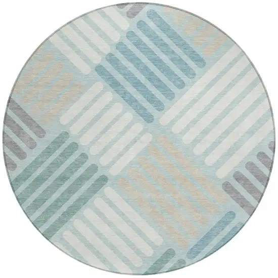 8' Pale Aqua Wheat And Ivory Round Geometric Washable Indoor Outdoor Area Rug Photo 4