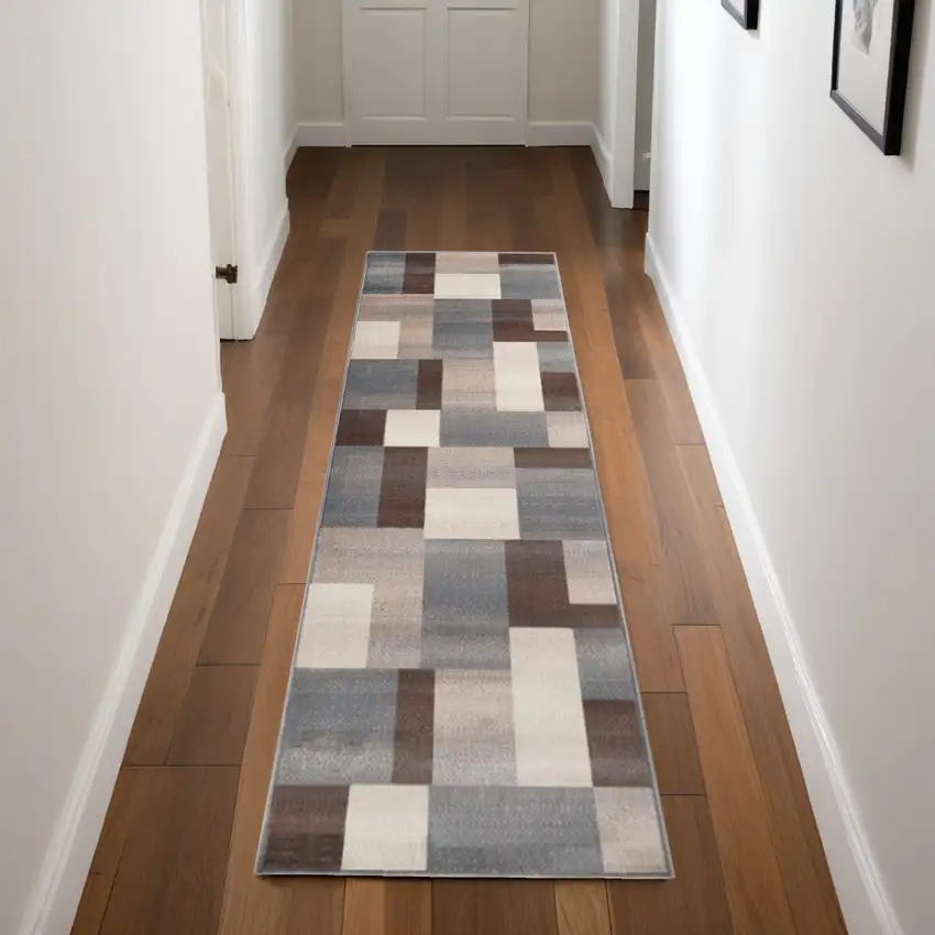 8' Grey Patchwork Power Loom Stain Resistant Runner Rug Photo 1