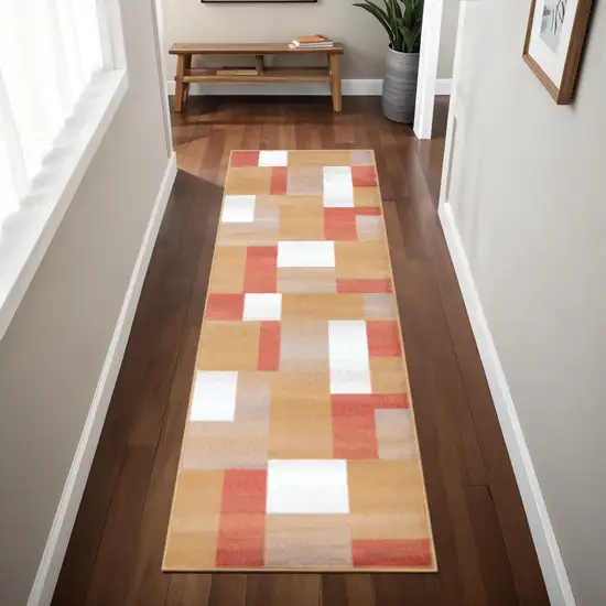 8' Terra Cotta Ivory And Brown Patchwork Runner Rug Photo 1