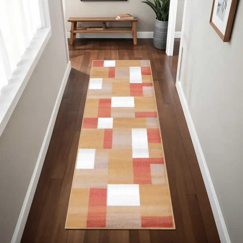 8' Terra Cotta Ivory And Brown Patchwork Runner Rug Photo 1