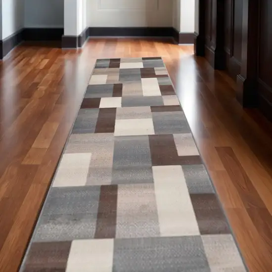 12' Gray Tan And Brown Patchwork Runner Rug Photo 1