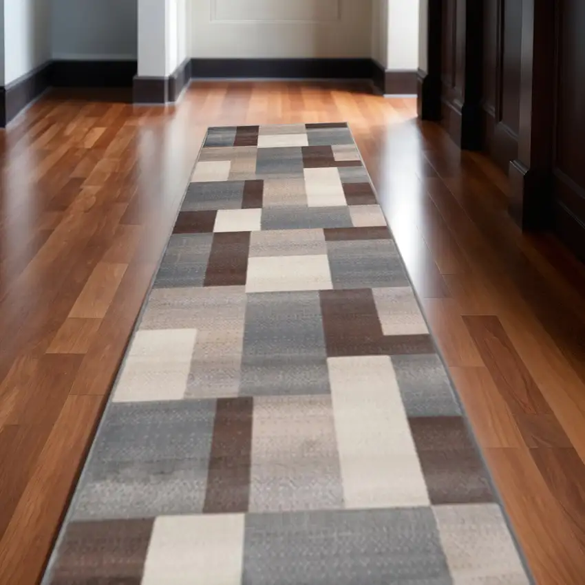 12' Gray Tan And Brown Patchwork Runner Rug Photo 1