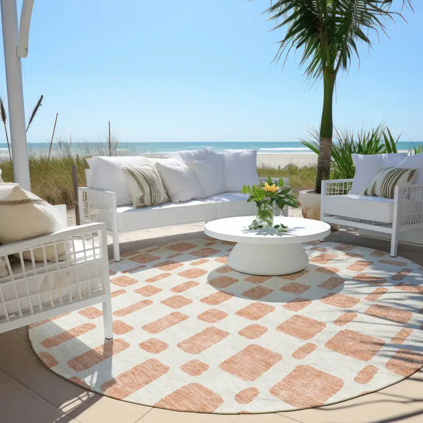8' Peach And Beige Round Geometric Washable Indoor Outdoor Area Rug Photo 7