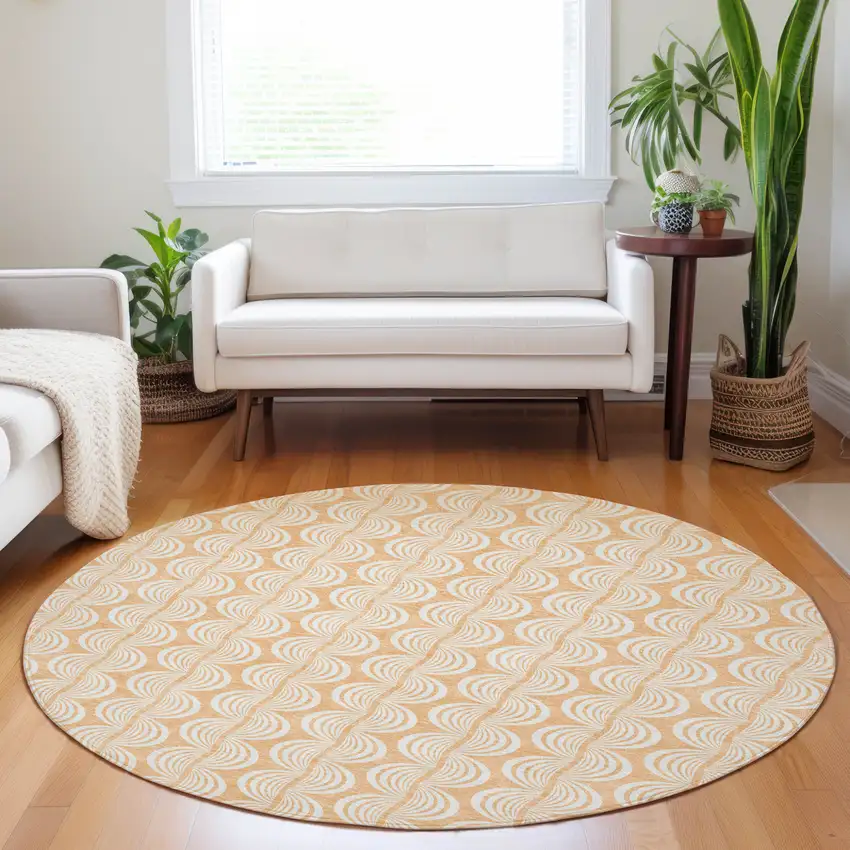 8' Peach And Beige Round Ogee Washable Indoor Outdoor Area Rug Photo 8