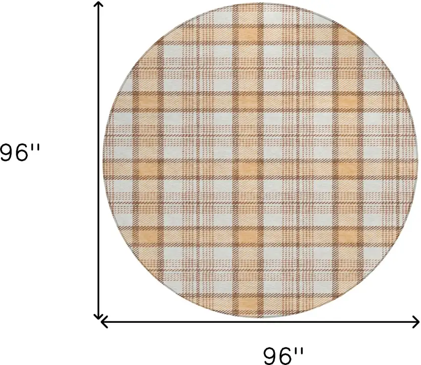 8' Peach And Beige Round Plaid Washable Indoor Outdoor Area Rug Photo 7