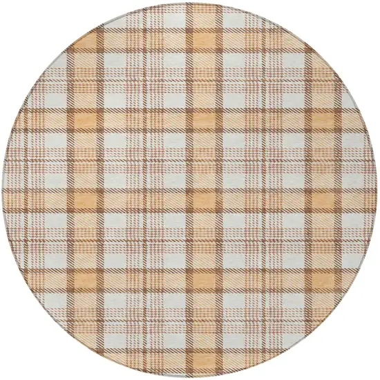 8' Peach And Beige Round Plaid Washable Indoor Outdoor Area Rug Photo 4