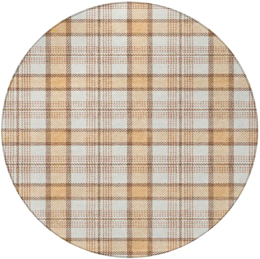 8' Peach And Beige Round Plaid Washable Indoor Outdoor Area Rug Photo 4