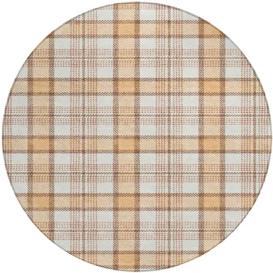 8' Peach And Beige Round Plaid Washable Indoor Outdoor Area Rug Photo 2