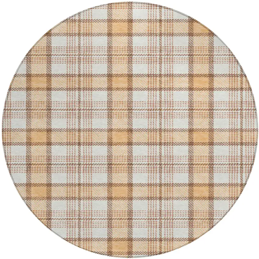 8' Peach And Beige Round Plaid Washable Indoor Outdoor Area Rug Photo 2