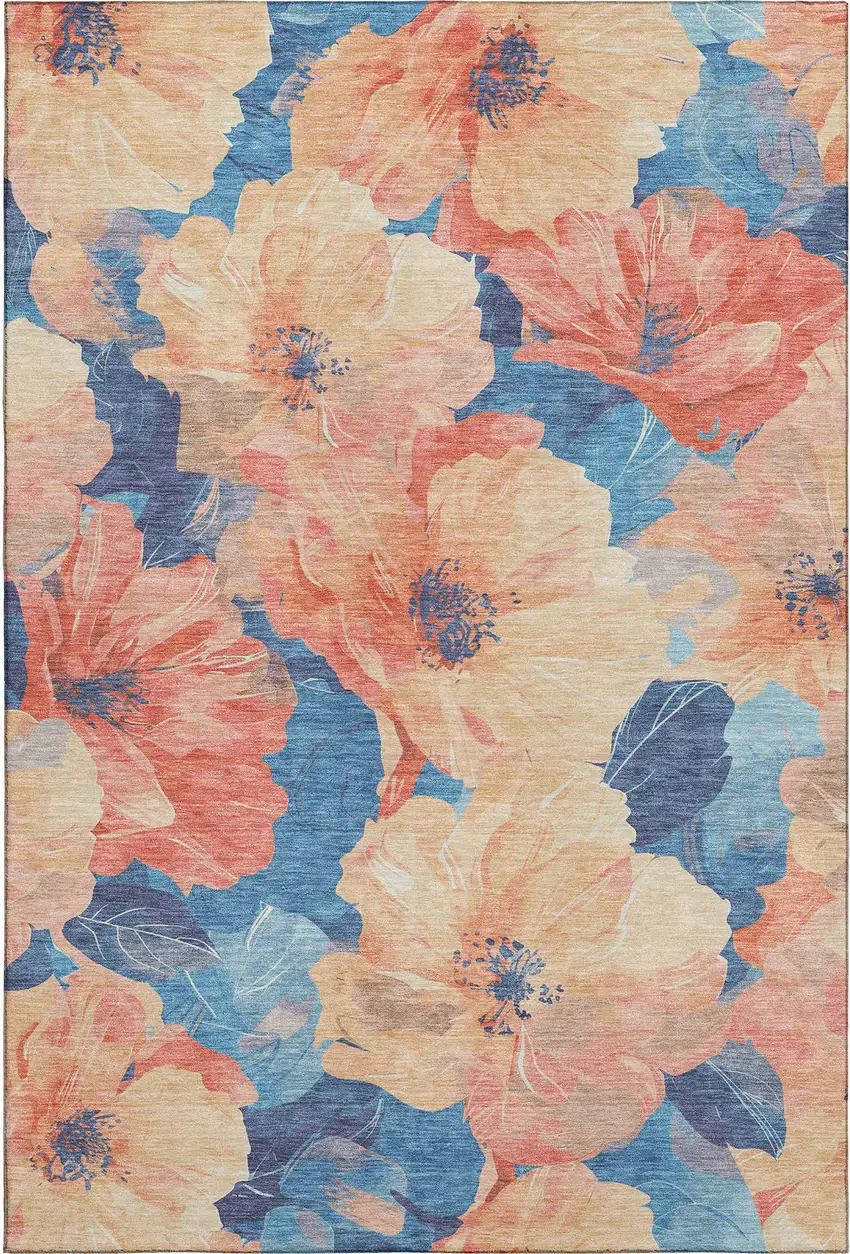 8' Peach And Blue Floral Washable Area Rug With UV Protection Photo 1