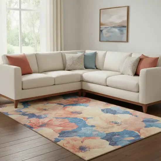 8' Peach And Blue Floral Washable Area Rug With UV Protection Photo 2