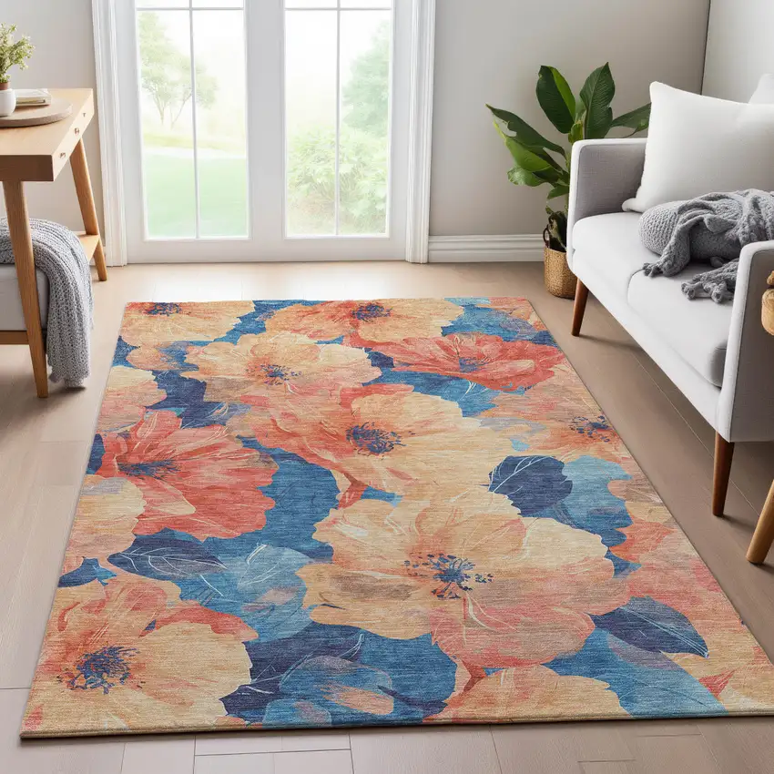 8' Peach And Blue Floral Washable Area Rug With UV Protection Photo 5