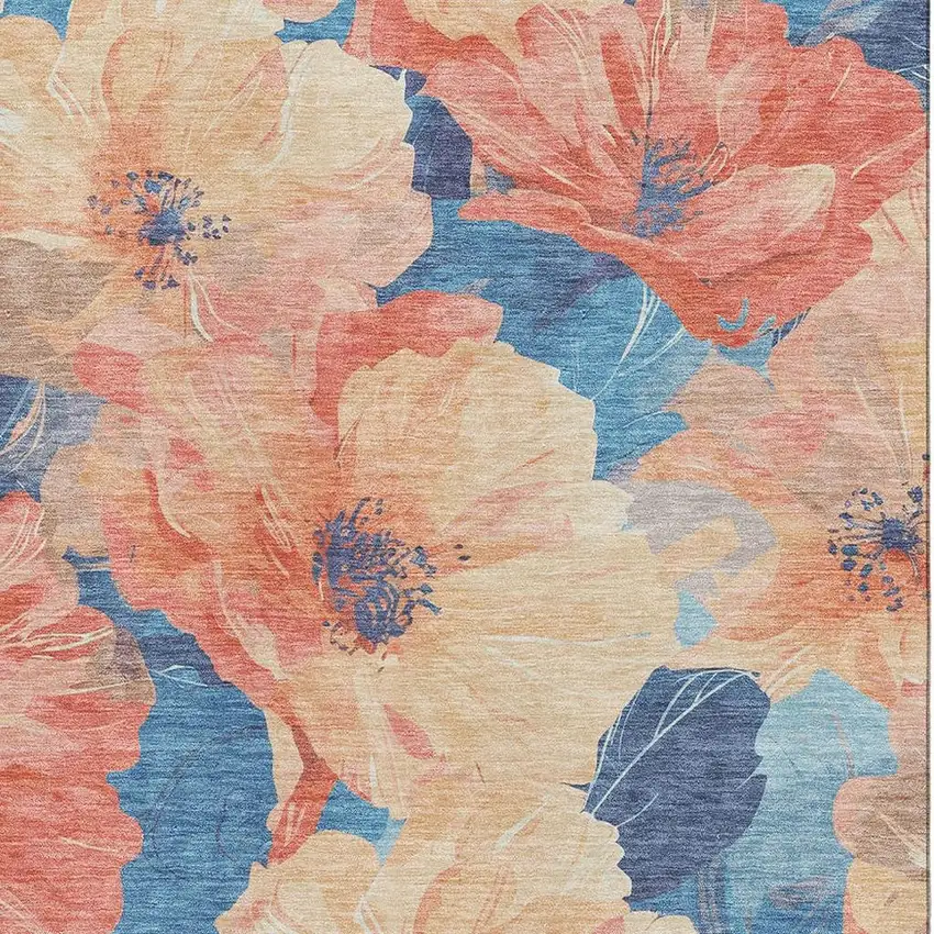 8' Peach And Blue Floral Washable Area Rug With UV Protection Photo 2