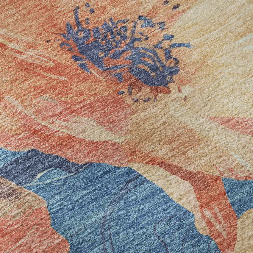 8' Peach And Blue Floral Washable Area Rug With UV Protection Photo 9